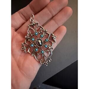 Vintage Southeastern Faux Silver Turquoise Hematite Filigree Pendant